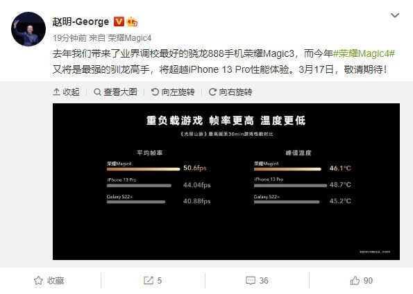 性能遥遥领先于iPhone 13 Pro?赵明直言荣耀Magci4性能体验会更好