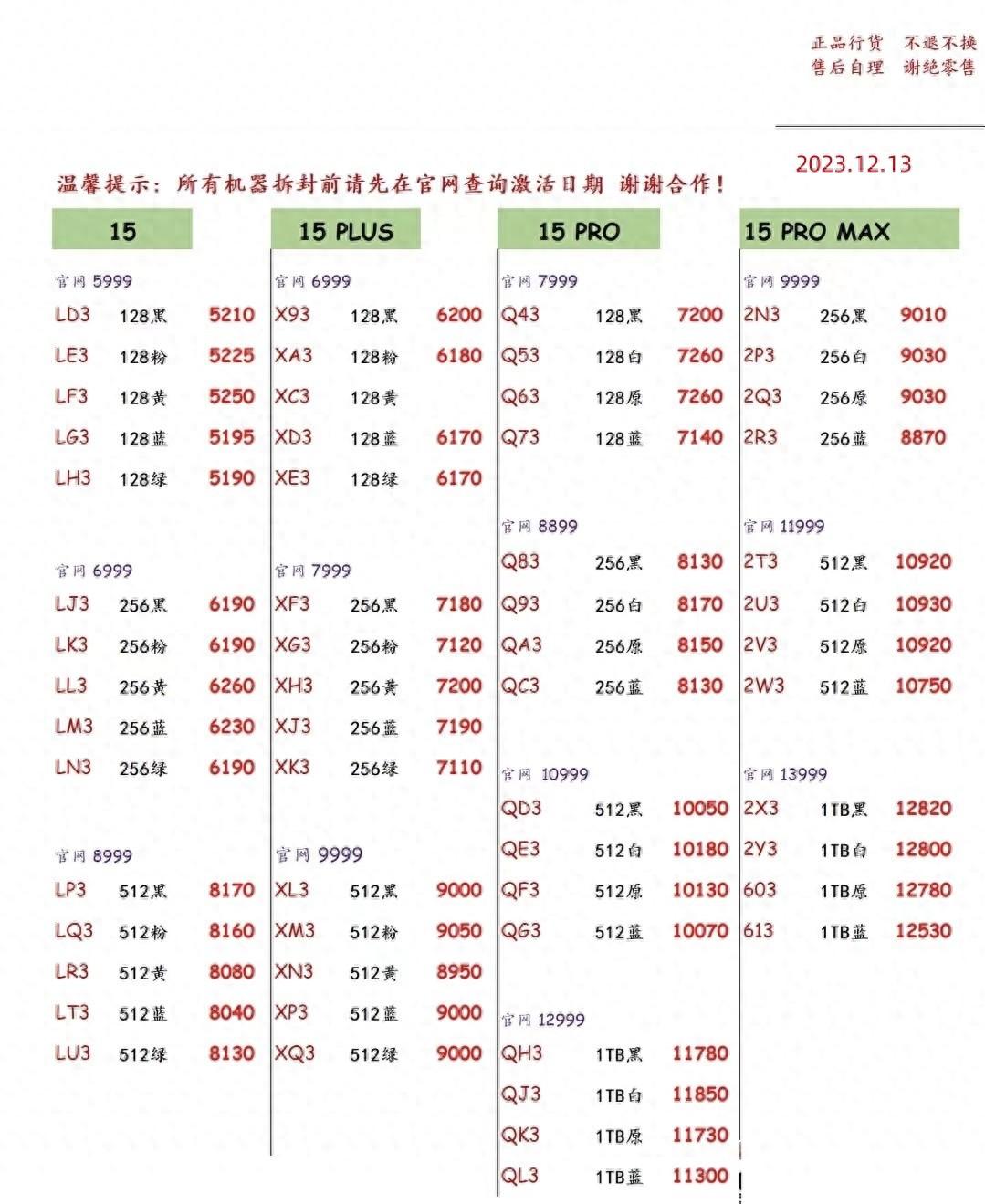 2023年12月13日华强北手机批发报价单