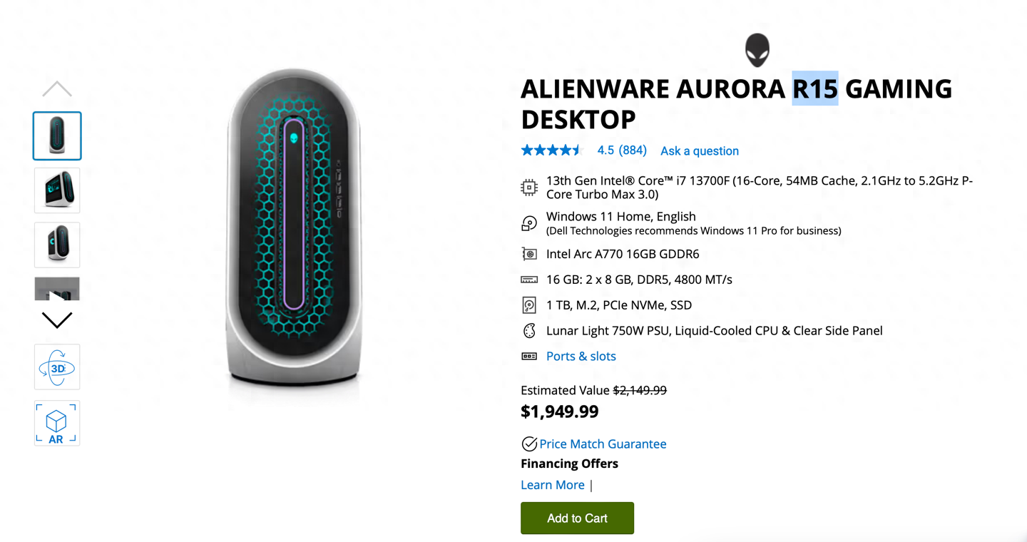外星人推出搭载英特尔A770显卡的R15台式机，售价1950美元