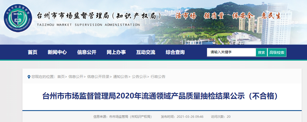 浙江省台州市市场监督管理局2020年流通领域产品质量抽检结果公示（不合格）