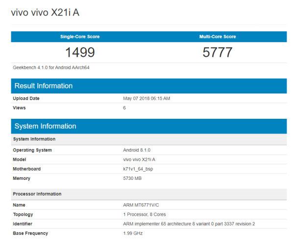 vivo X21i A 跑分现身 Geekbench：搭载 Helio P60