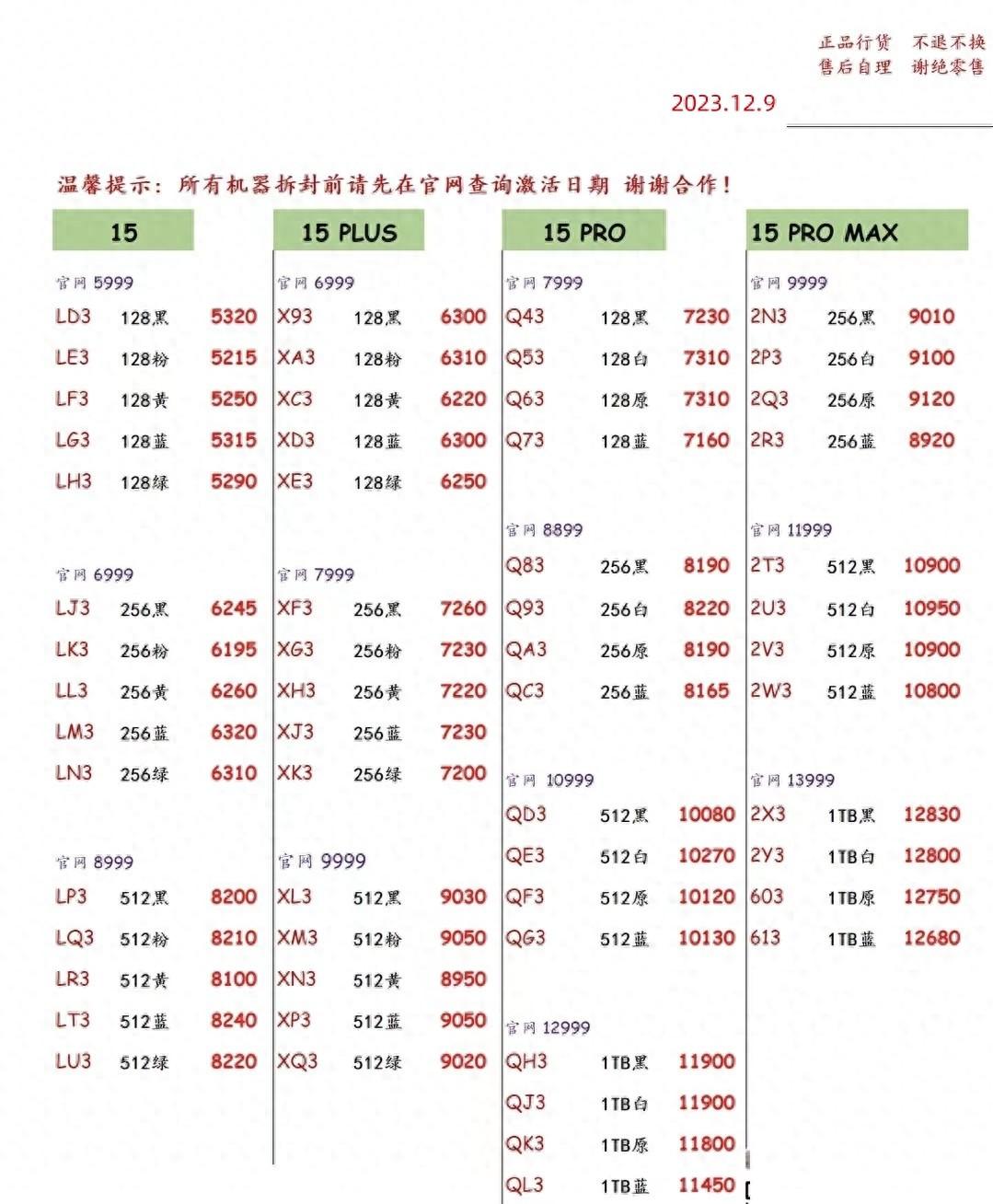 2023年12月9日华强北手机批发报价单