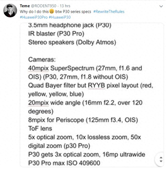 华为P30 Pro参数全曝光:40MP IMX650、50倍数码变焦
