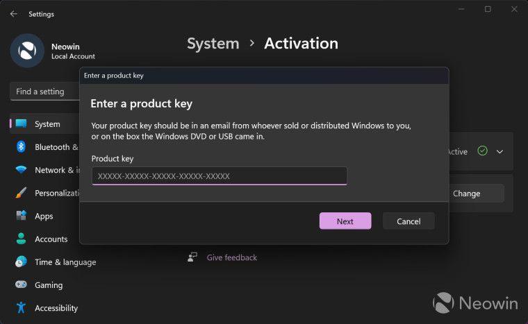 微软Win11 Build 25281为“产品密钥”窗口启用新界面