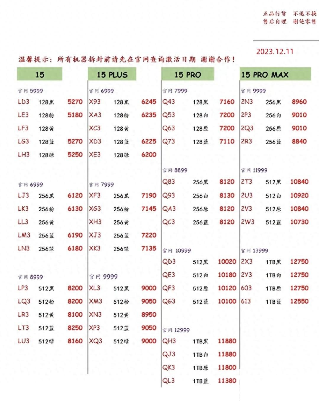 2023年12月11日深圳市华强北手机批发报价单