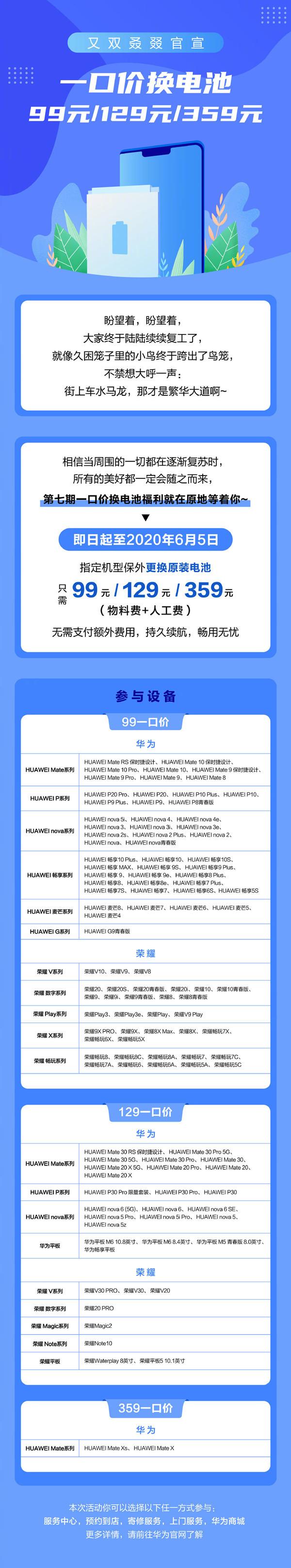 华为官宣：一口价换电池服务来啦 99元换原装新电池