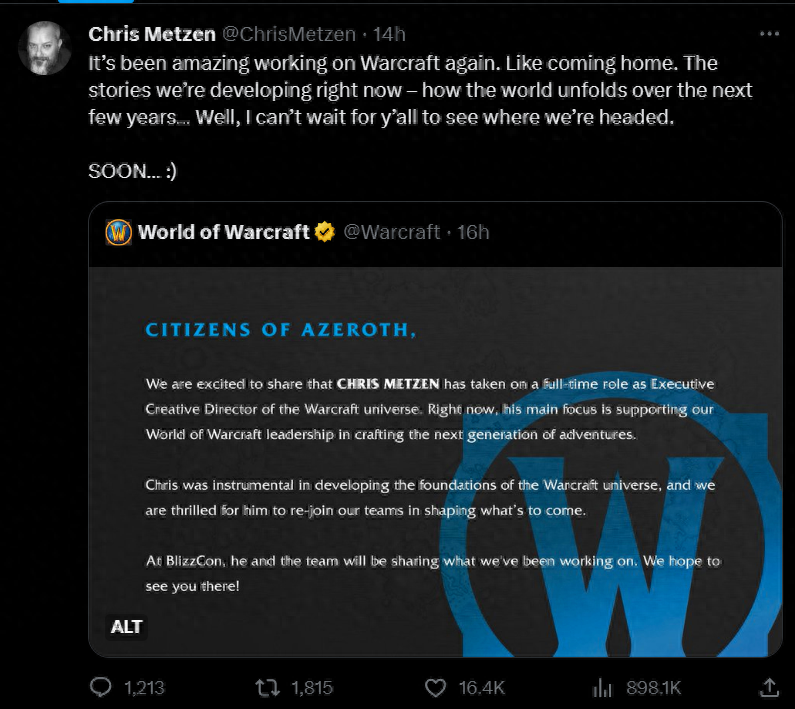 《魔兽争霸》初创元老Chris Metzen被任命为系列游戏创意总监