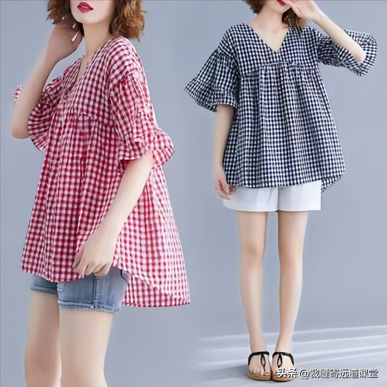 原来画一件V领娃娃衫前页裁剪图，那么简单，结构基础加公式