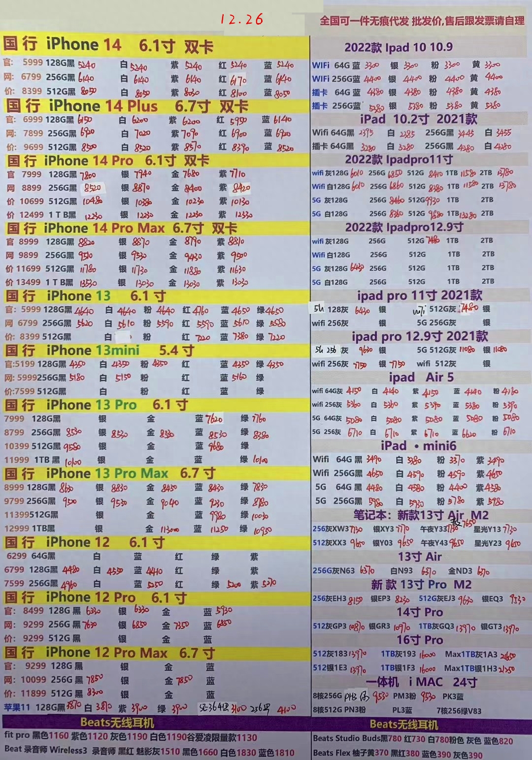 2022年12月26日华强北手机批发报价单