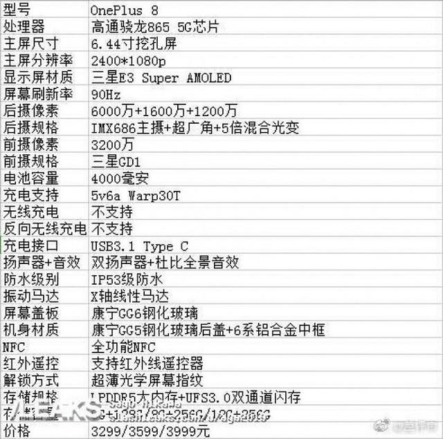 挖孔屏+骁龙865,一加8详细配置一览,连价格也一并曝光了