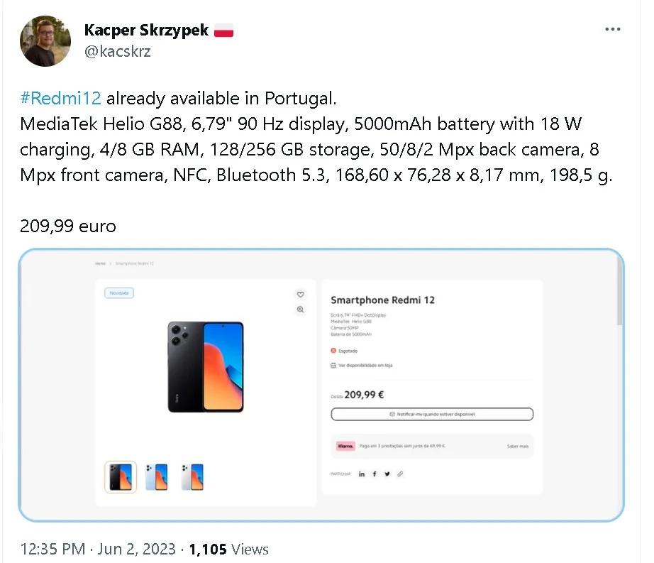 小米葡萄牙官网曝光新款Redmi12手机：售价209.99欧元