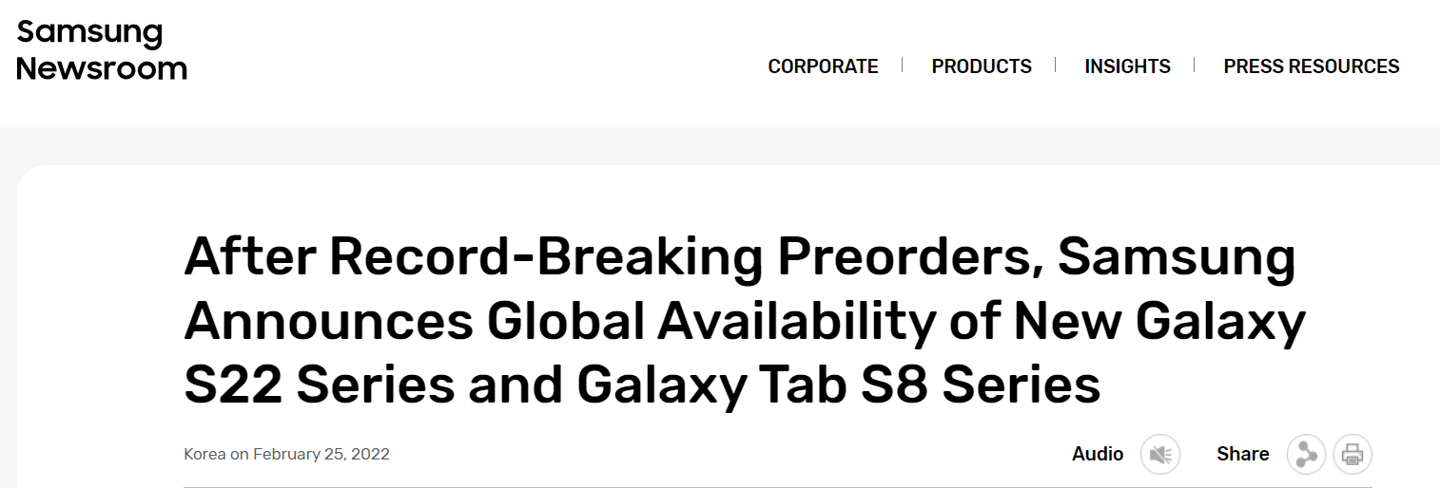 三星：Galaxy S22 系列和 Galaxy Tab S8 系列今日全球上市