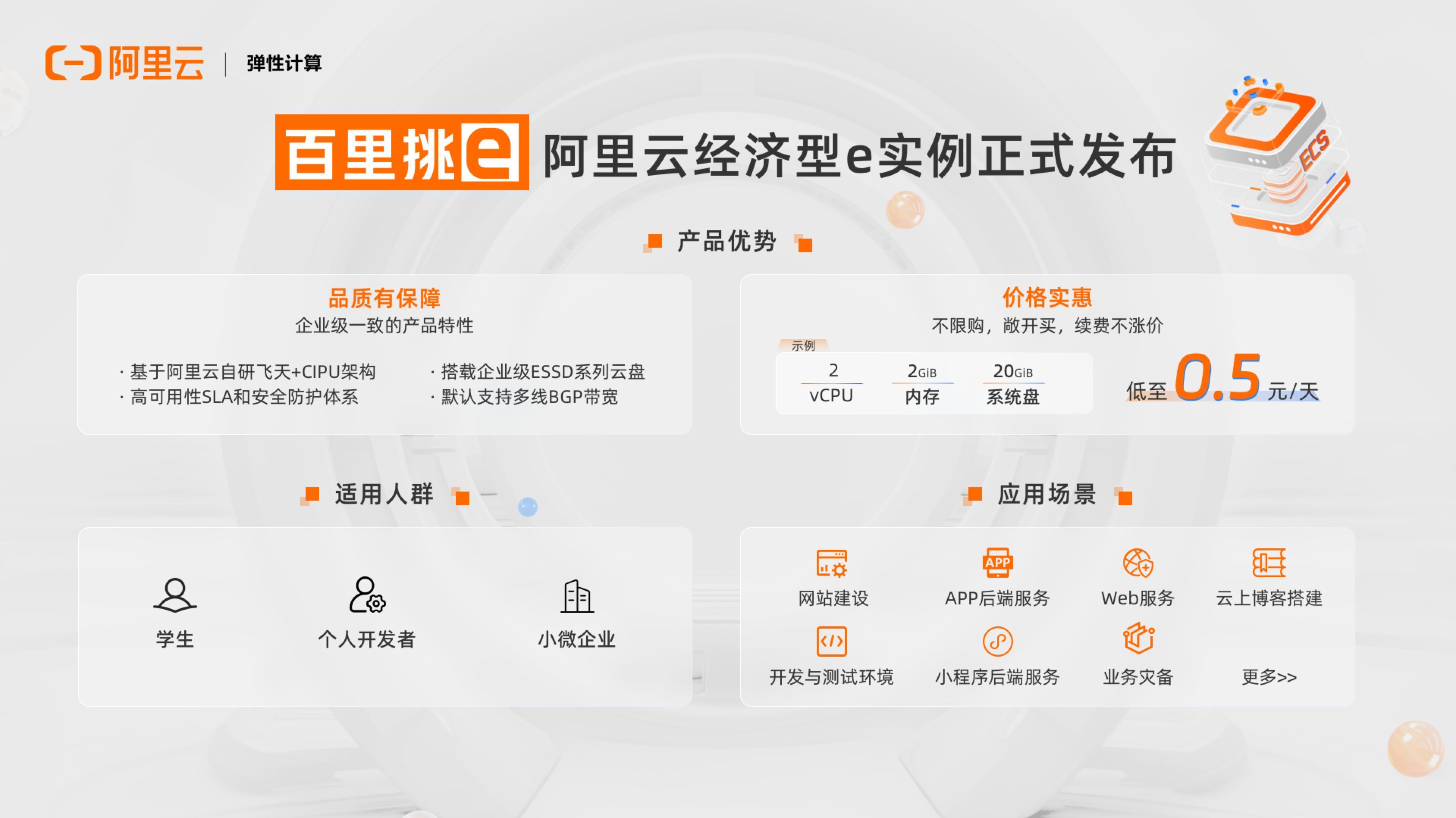面向开发者、每天仅需0.5元，阿里云发布全新经济型云服务器e系列