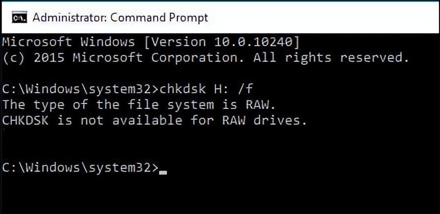 解决方案：文件系统的类型是RAW，CHKDSK无法供RAW驱动器使用
