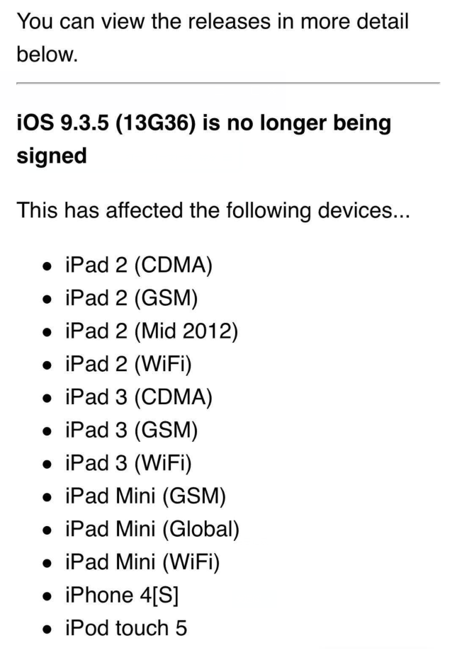 苹果关闭iPhone4s等设备iOS9.3.5刷机验证,目前已恢复