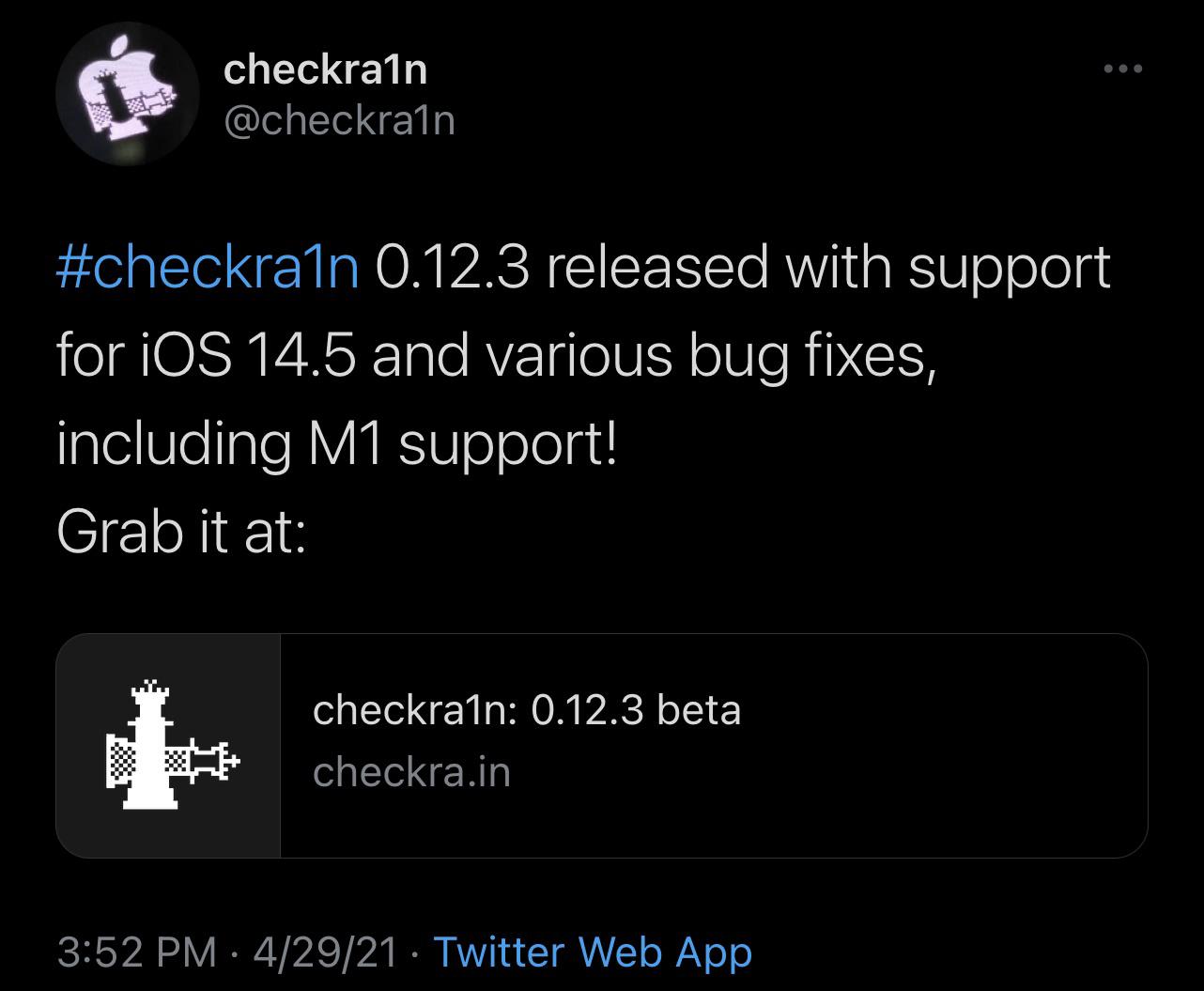 苹果越狱工具 Checkra1n 更新:iOS 14.5、M1 Mac 获支持