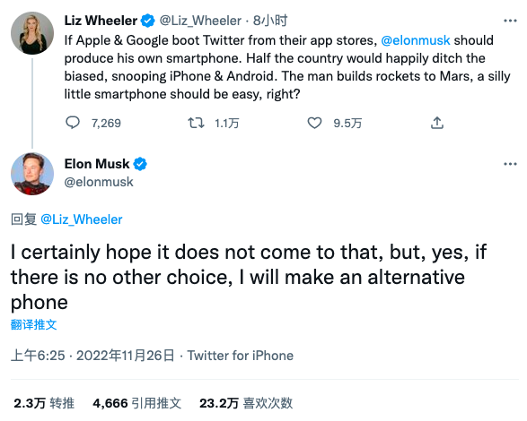 马斯克风范：要是Twitter被下架，就自己造手机