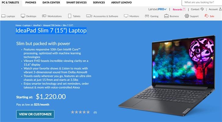 联想美国官网上架IdeaPad Slim 7笔记本：i5+MX 350，1220美元