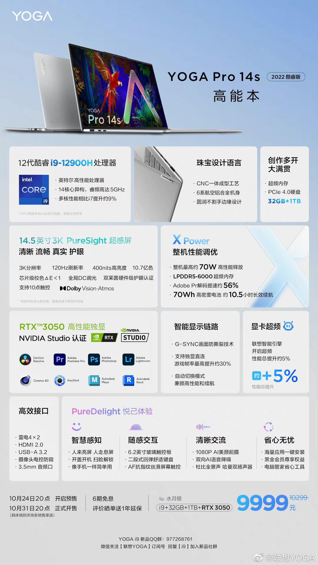 联想 YOGA Pro 14s 新配置:i9+32GB+1TB+RTX 3050,9999 元