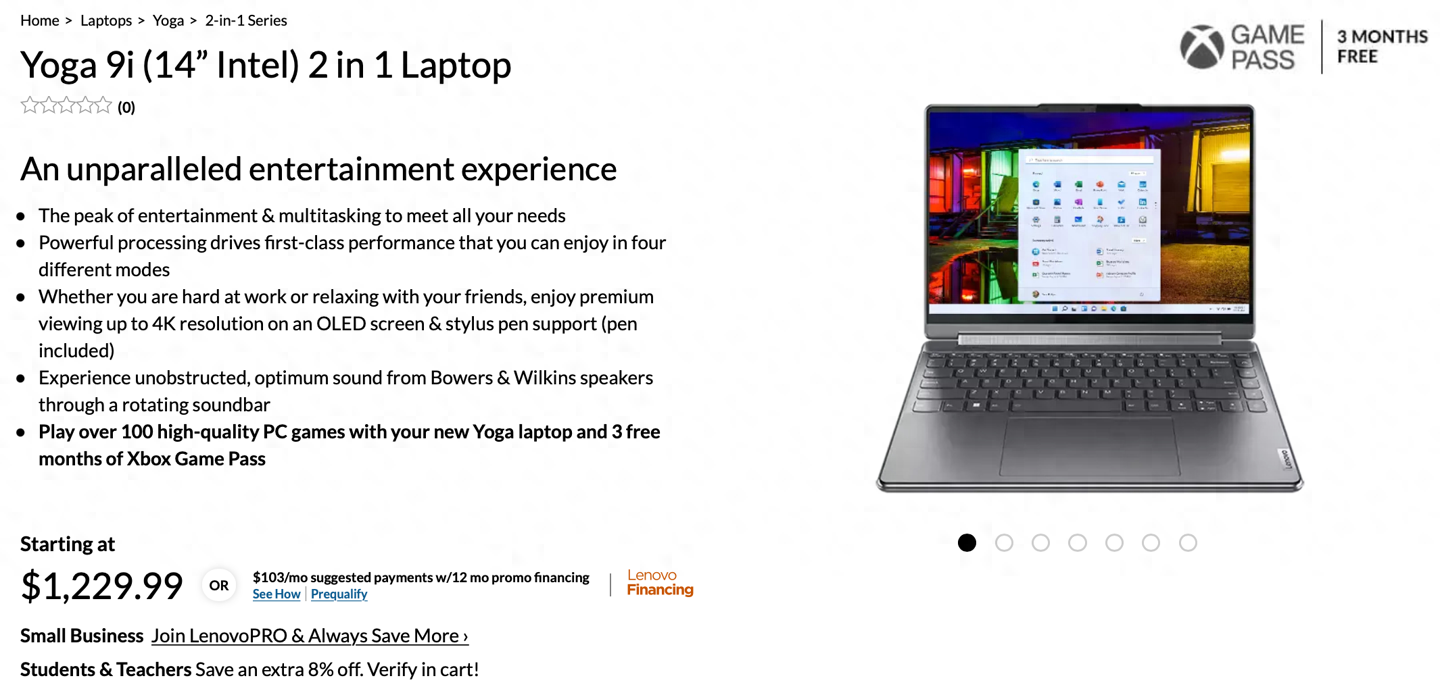 联想新款Yoga 9i翻转本海外开卖：12代酷睿/全新设计