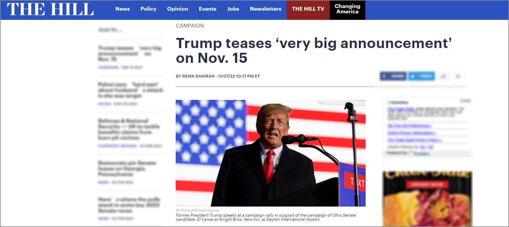 特朗普称将于11月15日宣布“重大声明”