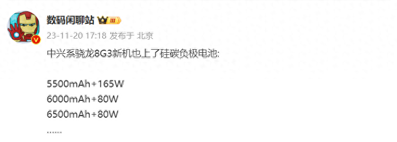 消息称中兴骁龙8 Gen 3新机用上硅碳负极电池,最大6500mAh