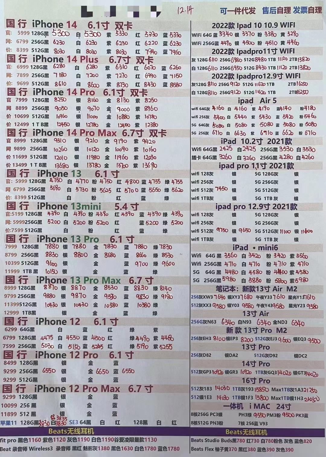 12月14日华强北各品牌全新手机报价