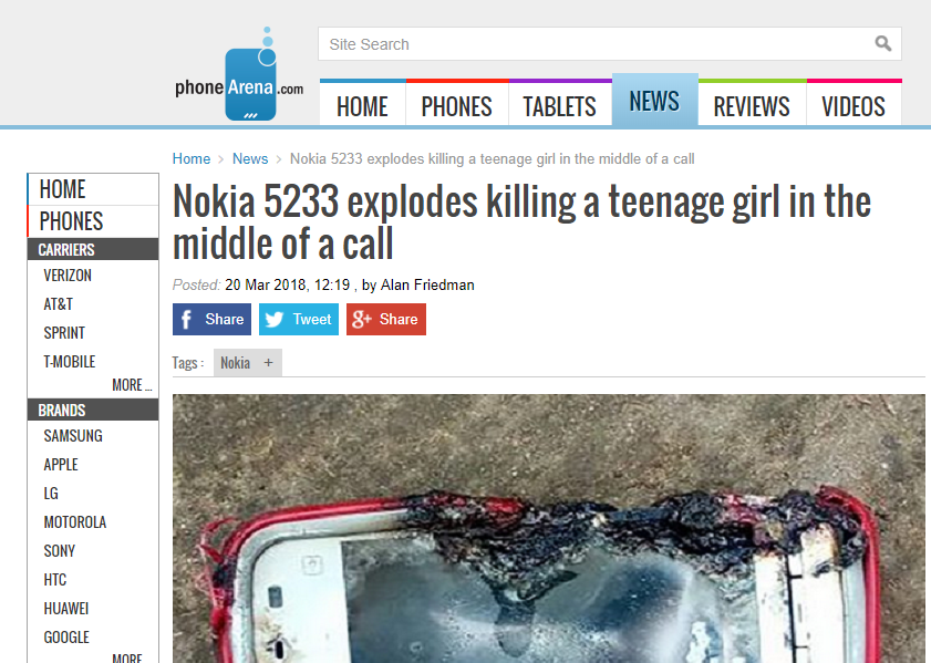 惨剧！诺基亚老机5233爆炸，致一名外国女孩死亡