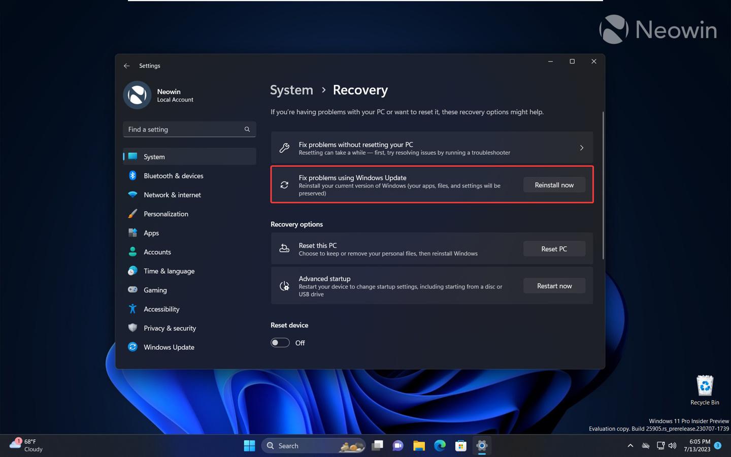 Win11 Build 25905预览版隐藏特性：用Windows Update修复系统