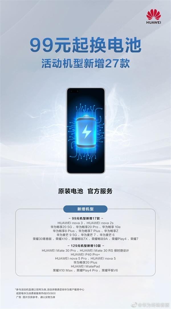 华为99元起换电池新增27款机型:总数已达148款
