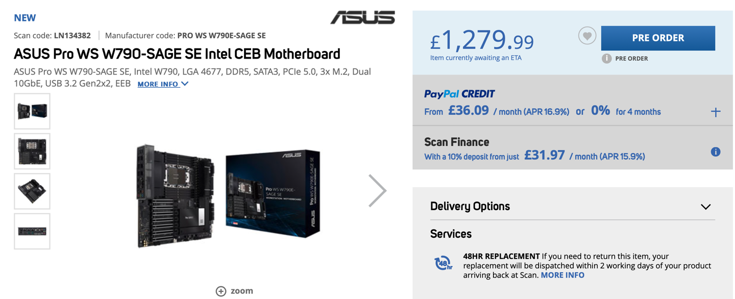 华硕 Pro WS W790E-SAGE SE主板海外价格曝光：1280英镑