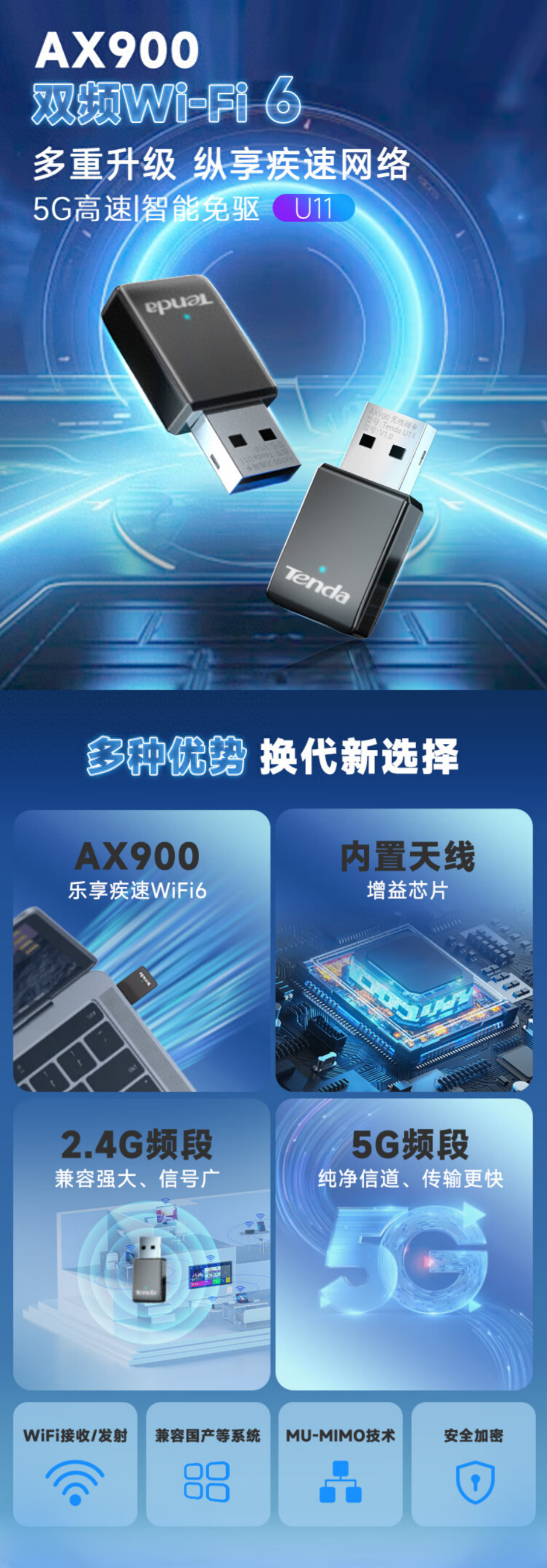 腾达U11 AX900双频Wi-Fi 6无线网卡开售，首发价49.9元