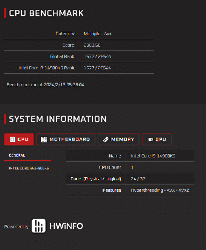 英特尔i9-14900KS处理器曝光：24核32线程，频率最高6.2 GHz