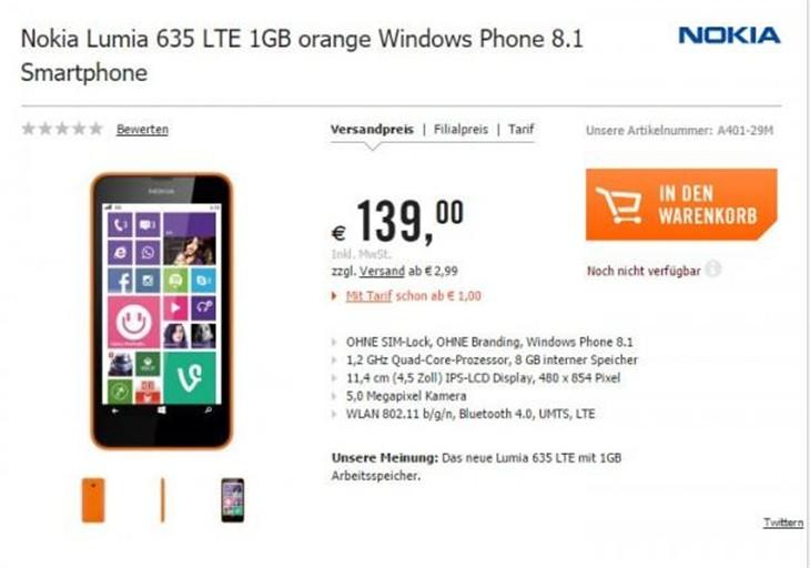 Lumia 635 1GB内存比512MB仅贵10欧元