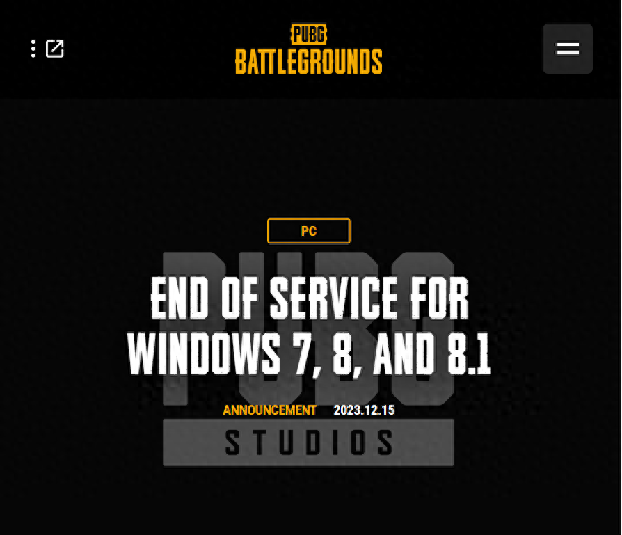《绝地求生》宣布明年1月1日起不再支持微软Win7、8、8.1系统