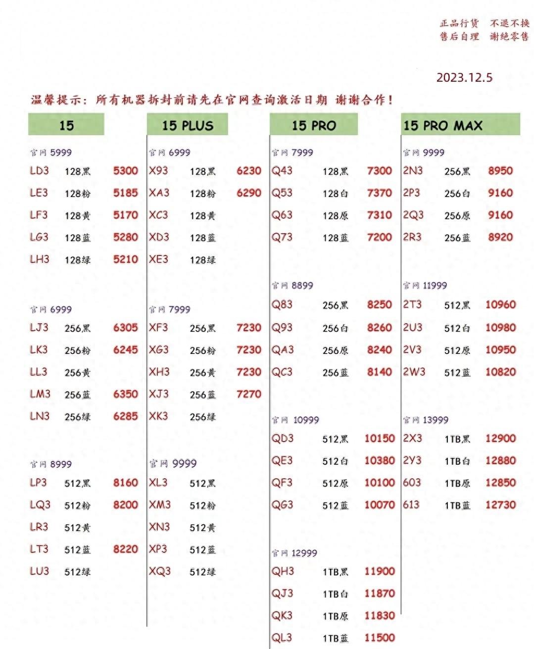 2023年12月5日华强北手机批发报价单