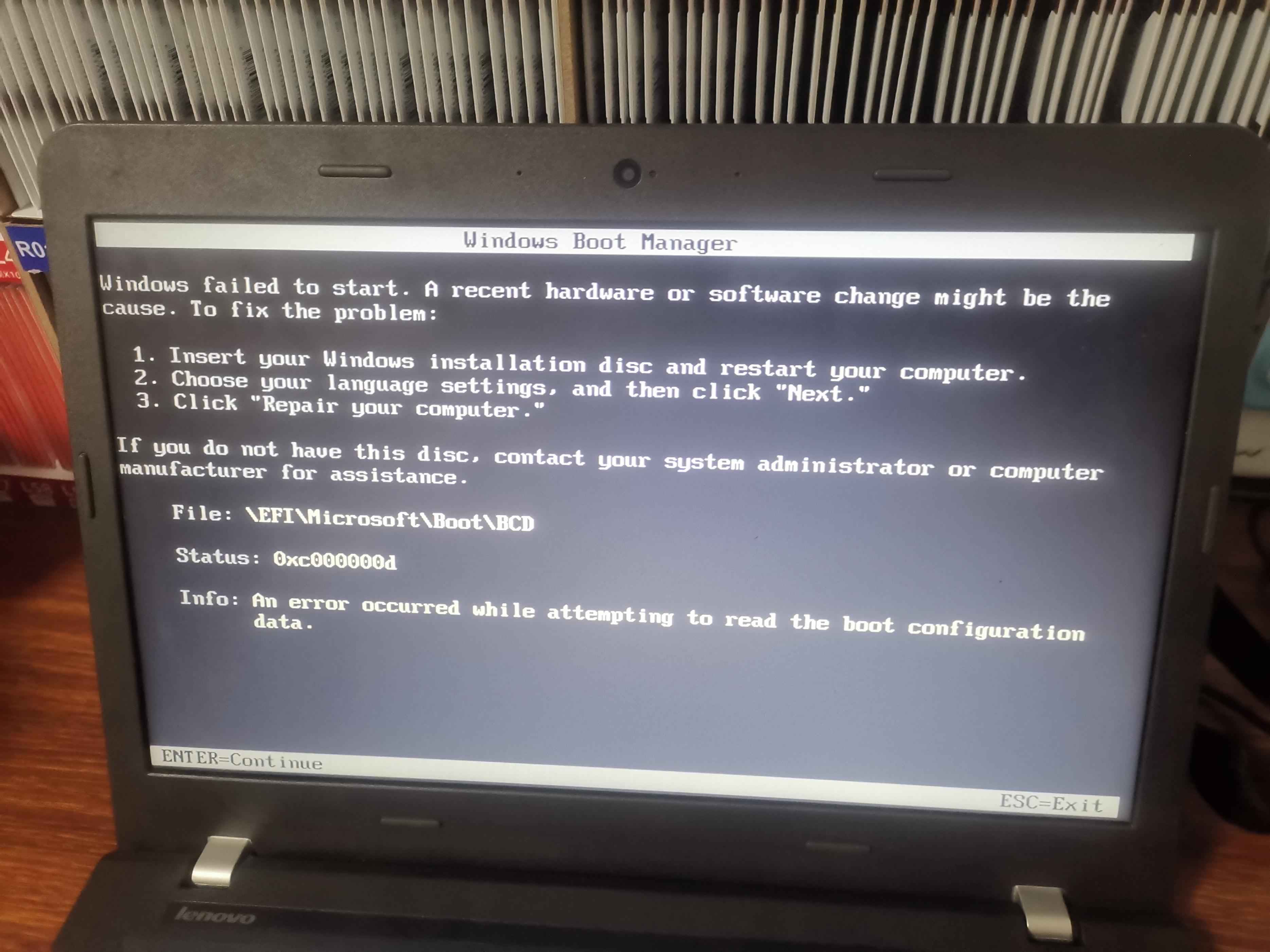 解决ThinkPad笔记本电脑开机黑屏无法启动问题windows failed to