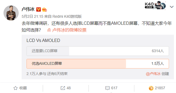 LCD和AMOLED到底选谁？卢伟冰微博投票：高下立判