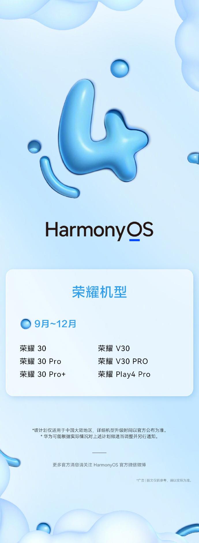 荣耀30/V30等机型升级鸿蒙HarmonyOS 4时间公布:9月-12月