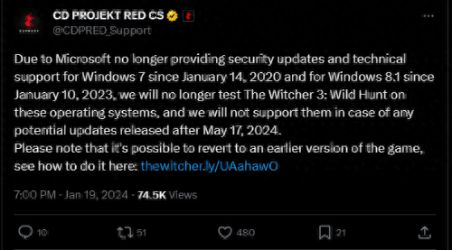 5月起!Win7、8.1系统上《巫师3》的后续支持将停止