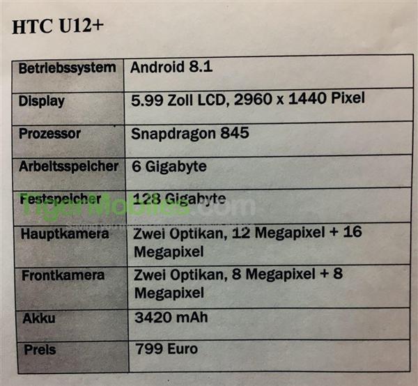6200元买吗？HTC骁龙845新机U12+配置表曝光：2K分辨全面屏