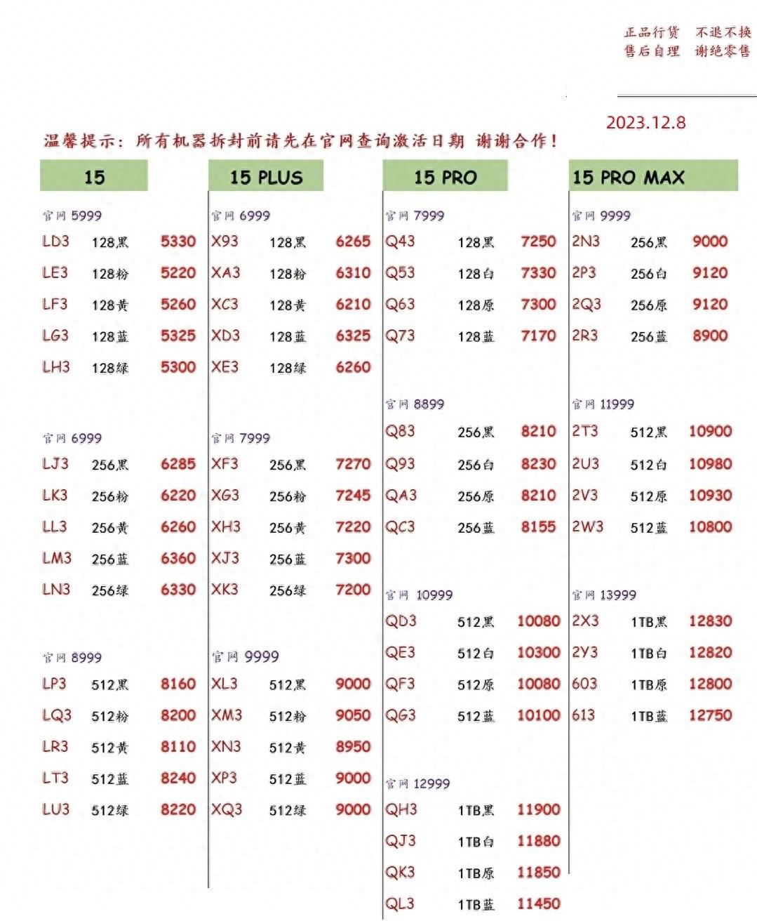 2023年12月8日华强北手机批发报价单