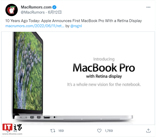 10 年前的今天，苹果发布首款配备 Retina 显示屏的 MacBook Pro