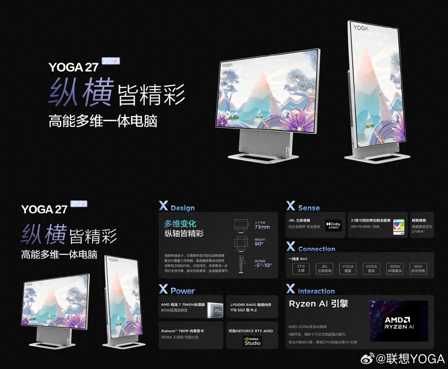联想YOGA 27 2023一体机发布：R7 7840H+RTX 4050
