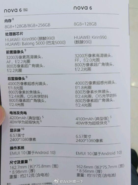 华为nova 6 4/5G版完整配置曝光